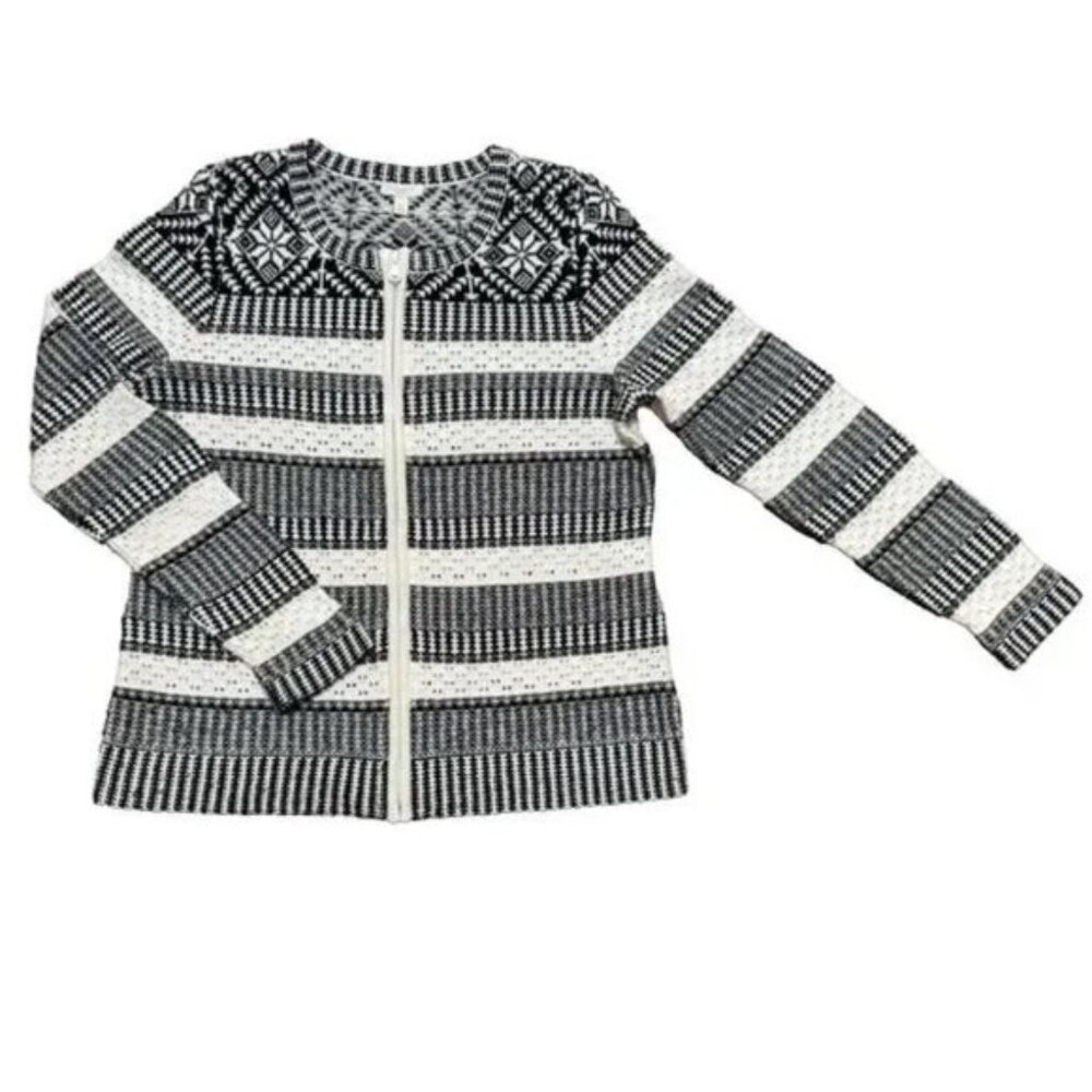 Talbots Fair Isle Nordic Black White Front Zip Round Neck Cardigan Sweater